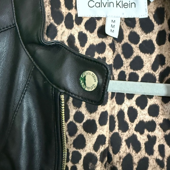 Calvin Klein Black Faux Leather Jacket with Smooth Finish and Leopard Lining - Picture 5 of 6